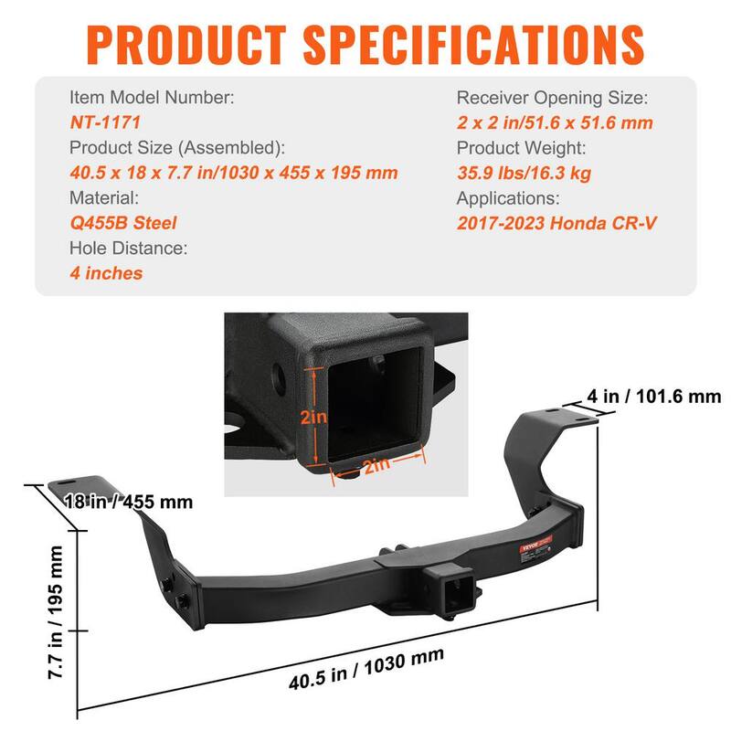 VEVOR Class 3 Trailer Hitch, 2 in. Receiver, Q455B Steel Tube Frame, Compatible with 2017-2023 Honda CR-V, 6000 lbs., Black - GGLJQTG2YCHOTGMJ9V0-730
