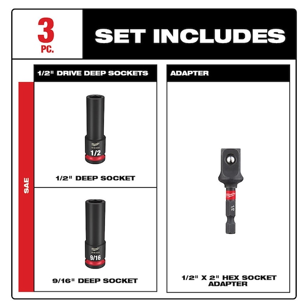 Milwaukee Tool Multiple Drive Size Set Drive 1/2 in, 3/8 in, 9/16 in Size, Deep Socket, Black Oxide - 49-66-4485