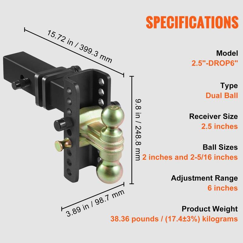VEVOR Adjustable Trailer Hitch, 6 in. Drop and 4.5 in. Rise Hitch Ball Mount with 2.5 in. Receiver Solid Tube 14,500 lbs. GTW - SQTQJTCB25221G4VYV0-726