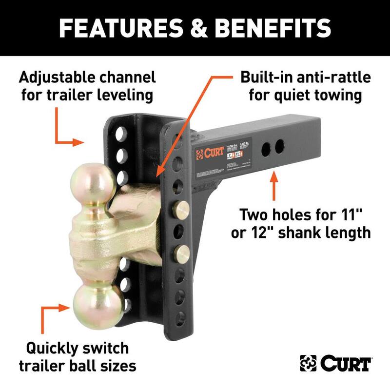 CURT Combo Kit, 6 in. Adjustable Channel Receiver Hitch (14,000 lbs.) 2 in. Shank w/ Dual Ball and 5/8 in. Barbell Hitch Lock - 18215