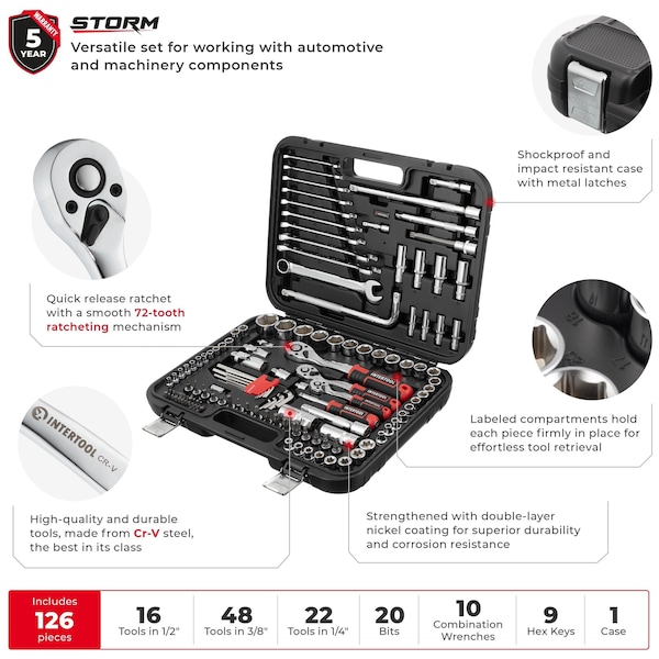 Intertool 1/4 in., 3/8 in., 1/2 in. Drive Socket Set, Metric, 126 pcs - ET08-8126