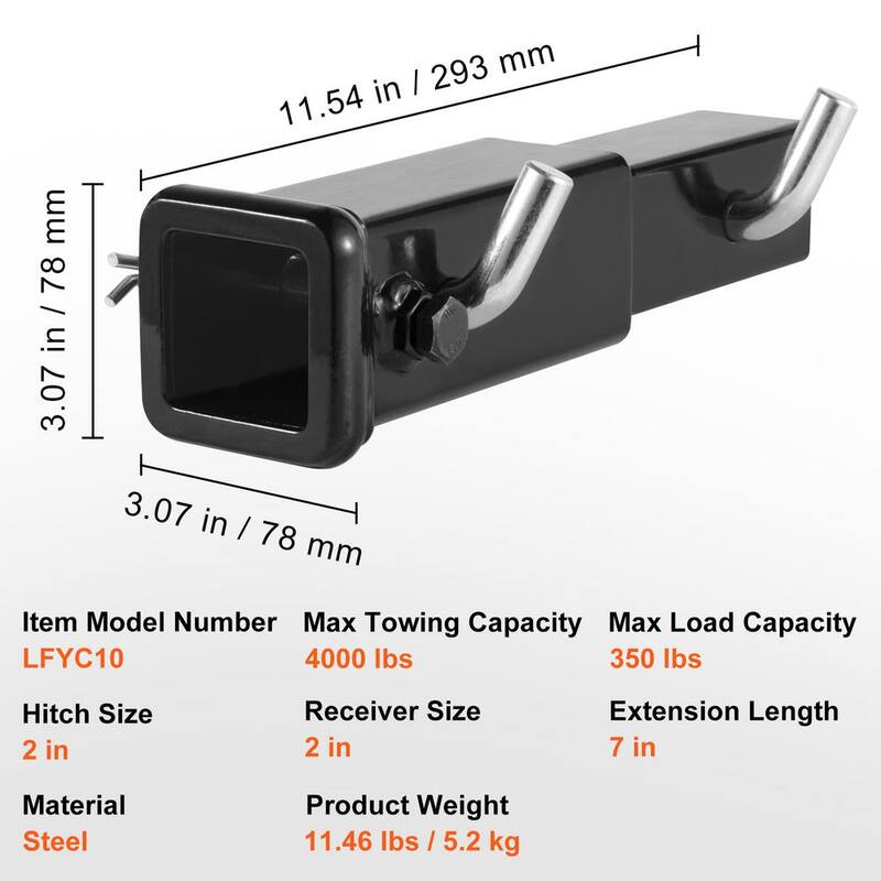 VEVOR Trailer Hitch Extender, Fits for 2 in. Receiver Hitch Adapter, Trailer Hitch Extension Tube Extender, 7 in., Black - TCYZZG227000K8HB7V0-805