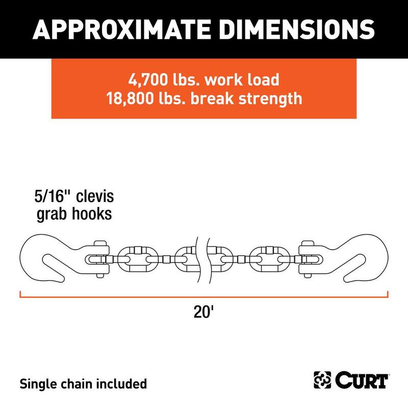 CURT 20' Transport Binder Safety Chain with 2 Clevis Hooks (18,800 lbs., Yellow Zinc) - 80307