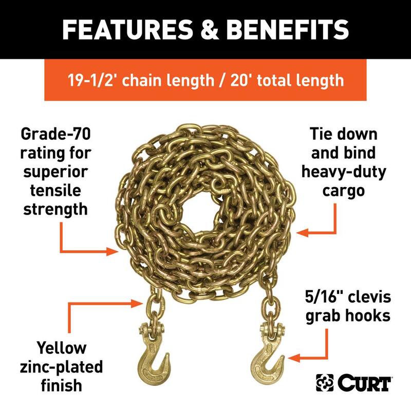 CURT 20' Transport Binder Safety Chain with 2 Clevis Hooks (18,800 lbs., Yellow Zinc) - 80307