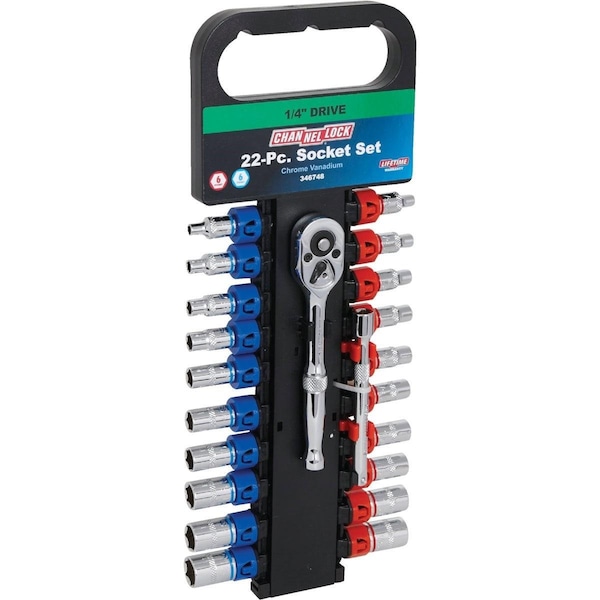 Channellock Standard/Metric 1/4 In. Drive 6-Point Shallow Ratchet & Socket Set 22-Piece - 346748