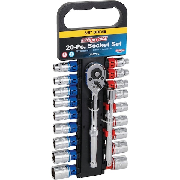 Channellock Standard and Metric 3/8 In. Drive 6-Point Shallow Ratchet & Socket Set 20-Piece - 346772