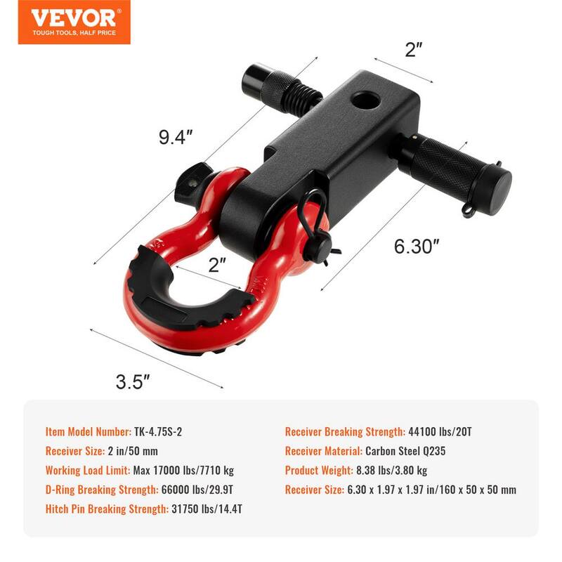 VEVOR Shackle Hitch Receiver, Fits 2in. Receivers, 52900 lbs. Breaking Strength, D Ring Shackle with Trailer Hitch Lock Pin - ZJLHJ2IN45007CI7LV0