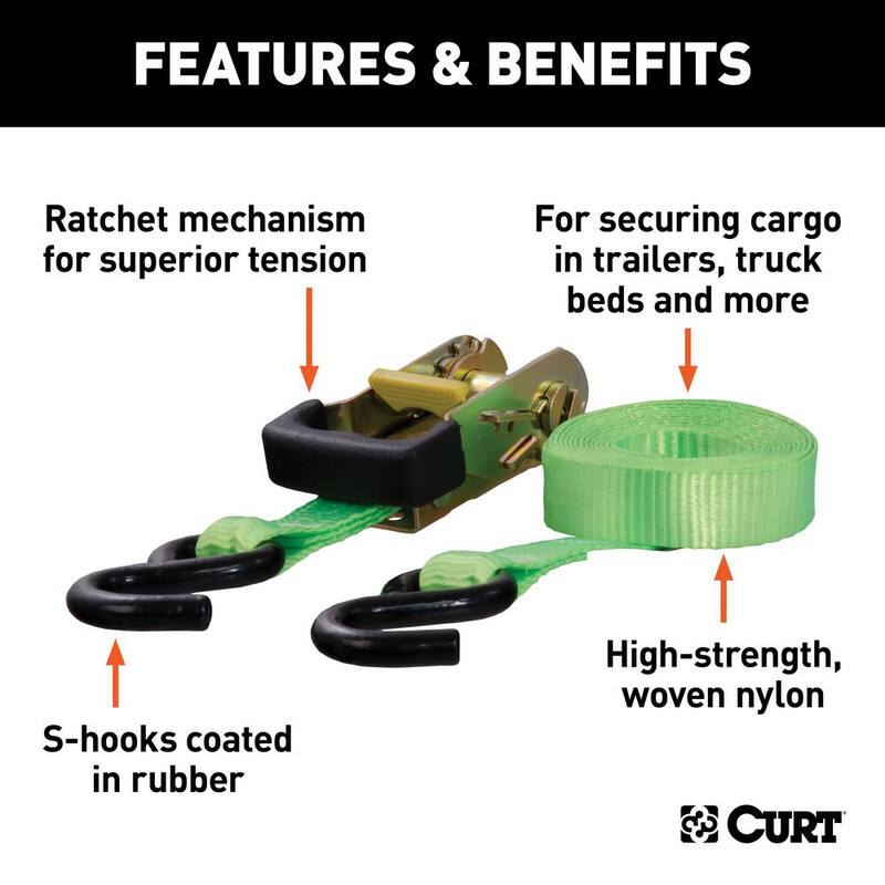 CURT 16' Lime Green Cargo Straps with S-Hooks (1,100 lbs., 2-Pack) - 83028