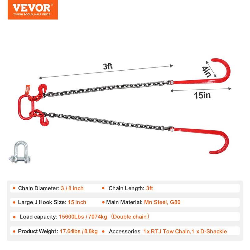 VEVOR 3/8 in. x 3 ft. G80 Tow Chain J Hook V- Chain Bridle Grab Hook Wrecker 15600 lbs. Transport Tow Chain Bridle - RTJGTLMGFH1JKLASKV0