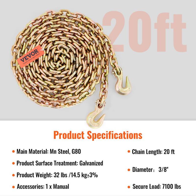 VEVOR Transport Binder Chain, 7100 lbs. Working Load Limit, 3/8 in. x 2 ft. G80 Tow Chain Tie Down with Grab Hooks - ZGTLJZMGDXZYJ7KNJV0-802