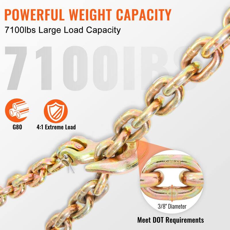 VEVOR Transport Binder Chain, 7100 lbs. Working Load Limit, 3/8 in. x 2 ft. G80 Tow Chain Tie Down with Grab Hooks - ZGTLJZMGDXZYJ7KNJV0-802
