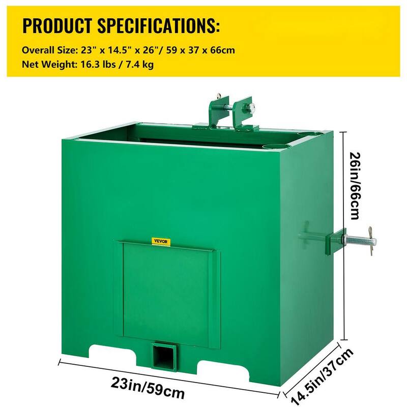 VEVOR 3 Point Ballast Box, 800lbs. Capacity Hitch Ballast Box Standard 2 in. Hitch Receiver Tractor Ballast Box with 5 cu.ft. - YZXSD1L2YCGREEN01V0-0830