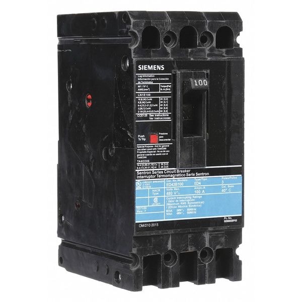 Siemens Molded Case Circuit Breaker, ED4 Series, 100A, 3 Pole, 480V AC, 18kA at 480V AC - ED43B100