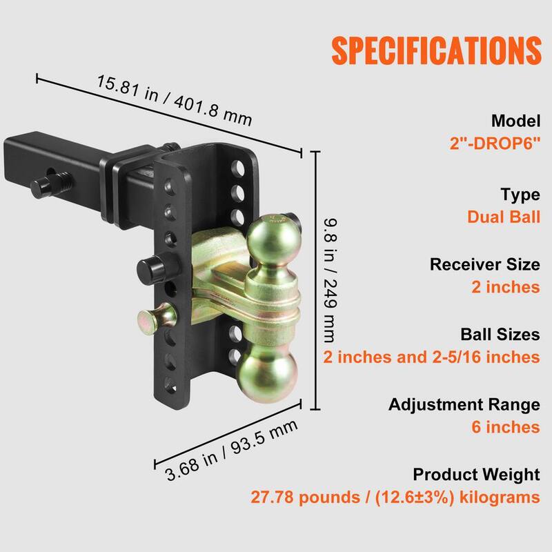 VEVOR Adjustable Trailer Hitch, 6 in. Drop and 4.5 in. Rise Hitch Ball Mount with 2 in. Receiver, Solid Tube, 14,000 lbs. GTW - SQTQJTCB2225DZS3SV0-726