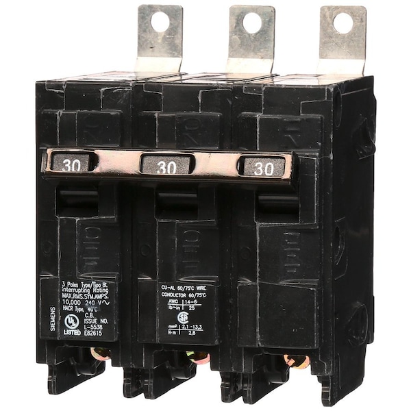 Siemens Circuit Breaker, B Series, 30A, 3 Pole, 240V AC, 10kA - B330