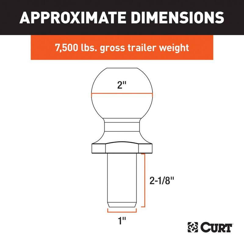 CURT 2" Trailer Hitch Tow Ball (1" x 2-1/8" Shank, 7,500 lbs., Chrome) - 40037