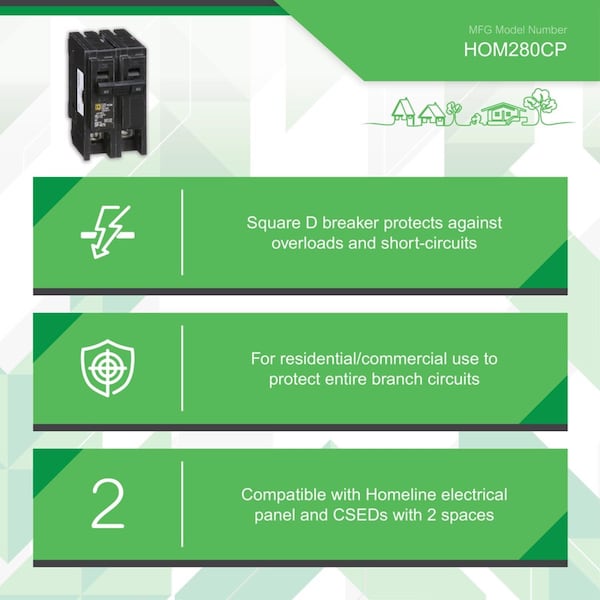 Square D Miniature Circuit Breaker, HOM Series, 80A, 2 Pole, 120/240V AC, 10kA - HOM280CP