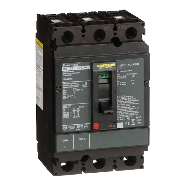 Square D Molded Case Circuit Breaker, HGL Series, 100A, 3 Pole, 600V AC, 65kA at 240V AC - HGL36100C