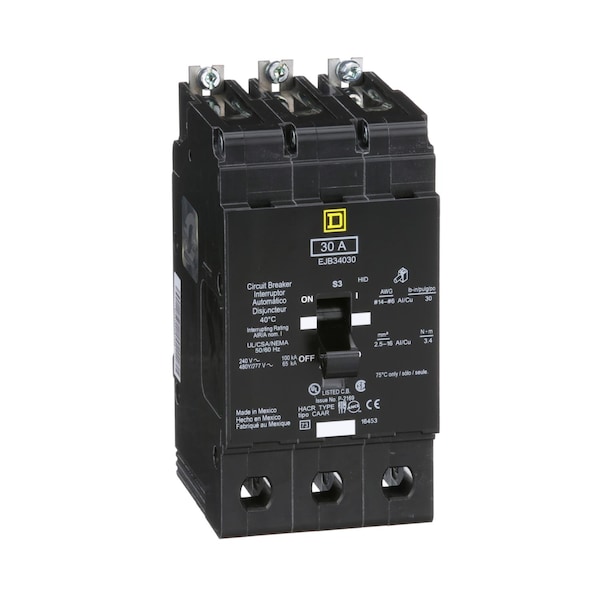 Square D Miniature Circuit Breaker, EJB Series, 30A, 3 Pole, 277/480V AC, 100kA  at 120V AC - EJB34030