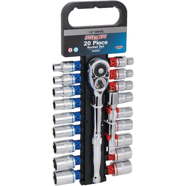 Channellock Standard/Metric 1/2 In. Drive 6-Point Shallow Ratchet & Socket Set 20-Piece - 346640