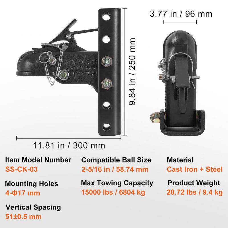 VEVOR Adjustable Trailer Coupler and 5-Position Channel Bracket Kit, 2-5/16 in. Hitch Ball, 15000 lbs. Capacity, Black Coating - KDJXTCOHQDZ22GEBVV0-805