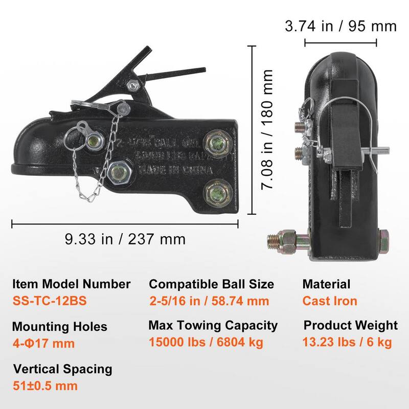 VEVOR Adjustable Trailer Coupler 2-5/16 in. Hitch Ball 15000 lbs. Capacity Heavy Duty Cast Channel-Mount Coupler Black Coating - KDJXTCOHQDZ2OQEGOV0-805