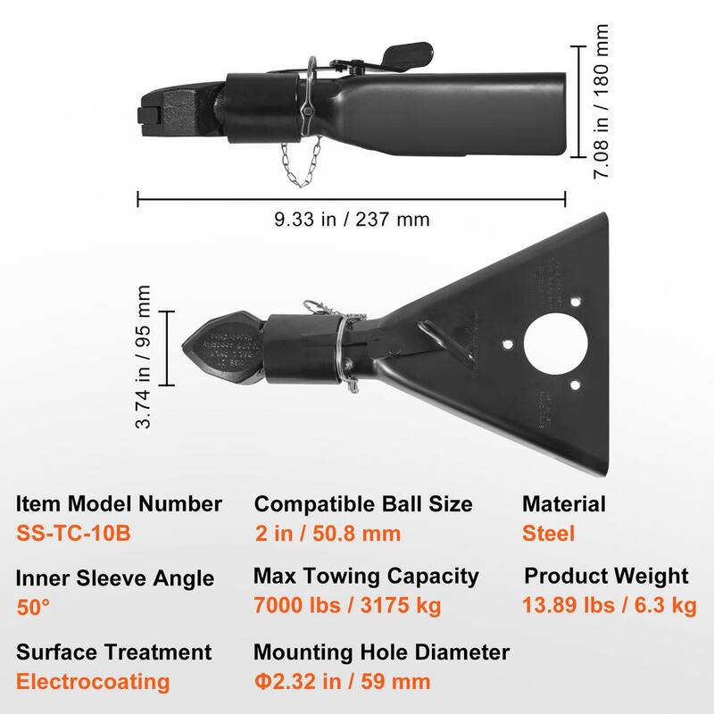 VEVOR A-Frame Trailer Coupler, Fits 2 in. Hitch Ball Size,7000 lbs. Capacity,Heavy Duty Steel Coupler for Towing Station Wagon - AXTCOHQDZHJ25QG1PV0-808