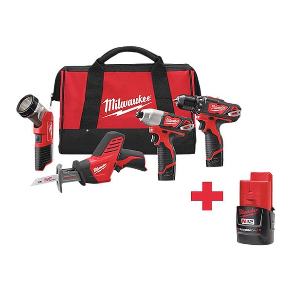 Milwaukee Tool Cordless Combination Kit, 12.0V, Li-Ion - 2498-24, 48-11-2420