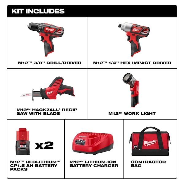 Milwaukee Tool Cordless Combination Kit, 12.0V, Li-Ion - 2498-24, 48-11-2420