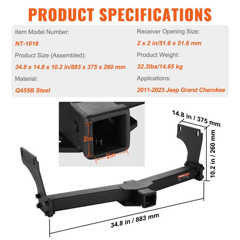 VEVOR Class 3 Trailer Hitch, 2 in. Receiver, Q455B Steel Tube Frame, Compatible with 2011-2022 Jeep Grand Cherokee, Black - GGLJQTG2YCJE5ZWG3V0-730