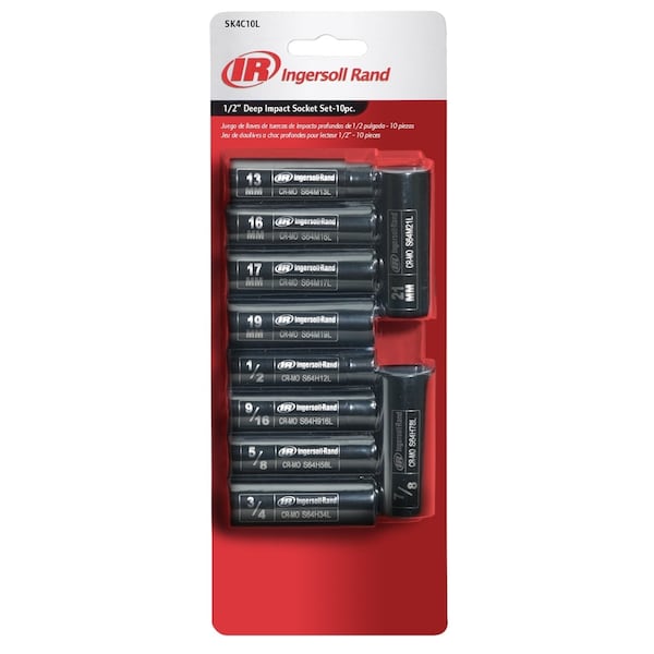Ingersoll-Rand Socket Set, 10 PC 1/2 IN Drive SAE/Metric Deep - IRTSK4C10LN