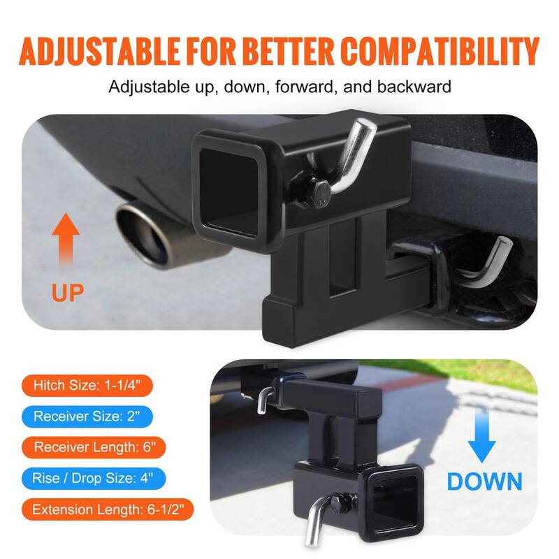 VEVOR Hitch Adapter, 1-1/4 in. to 2 in. Receiver Hitch Extender Extension, Trailer Hitch Riser with 4 in. Rise/Drop, Black - TCYZSJGDK114LE12SV0-730