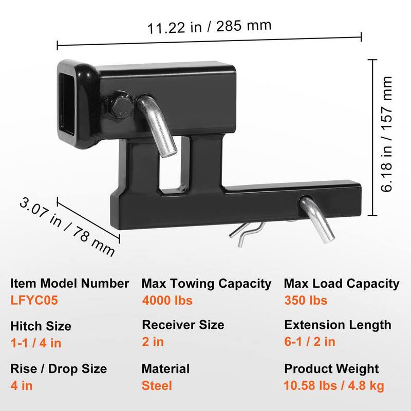 VEVOR Hitch Adapter, 1-1/4 in. to 2 in. Receiver Hitch Extender Extension, Trailer Hitch Riser with 4 in. Rise/Drop, Black - TCYZSJGDK114LE12SV0-730