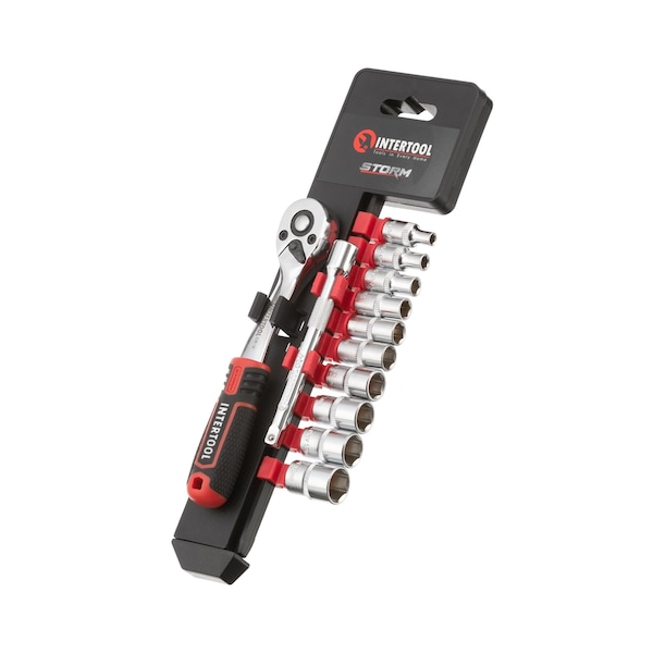 Intertool 1/4 in. Drive Ratchet Socket Set, *Add Length of Ratchet* + Pear, 12 pcs - ET08-8012