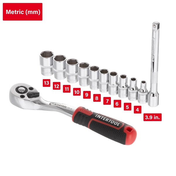 Intertool 1/4 in. Drive Ratchet Socket Set, *Add Length of Ratchet* + Pear, 12 pcs - ET08-8012