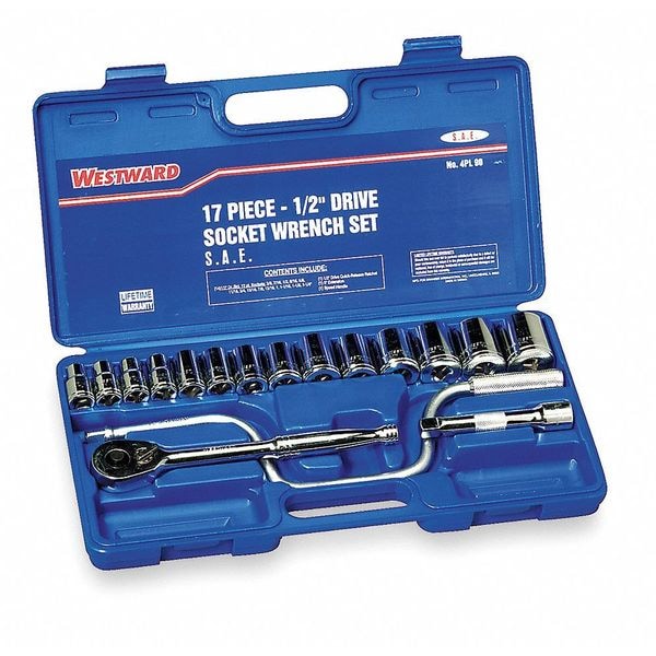 Westward 1/2" Drive Socket Wrench Set SAE 17 Pieces 3/8 in to 1 1/8 in , Chrome - 4PL90