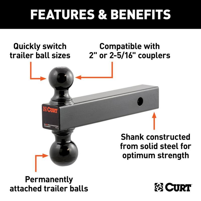 CURT Multi-Ball Trailer Hitch Ball Mount Draw Bar (2 in. Solid Shank, 2 in. & 2-5/16 in. Black Balls) - 45660