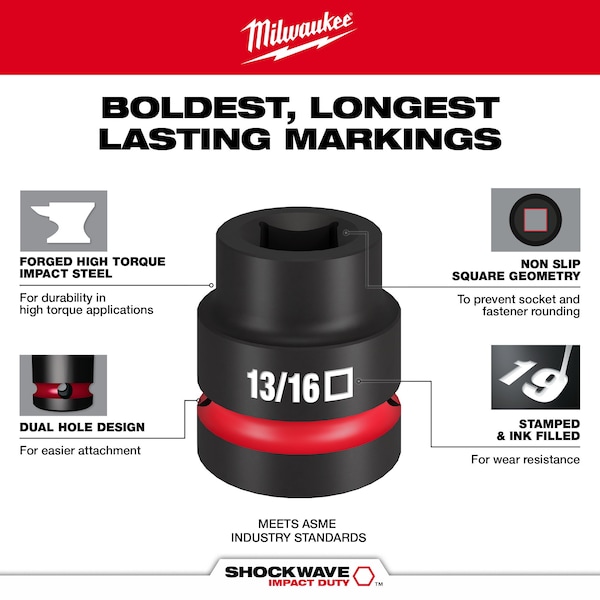 Milwaukee Tool 1 in Drive Impact Socket 13/16 in Size, Standard Socket, Black Phosphate - 49-66-7841