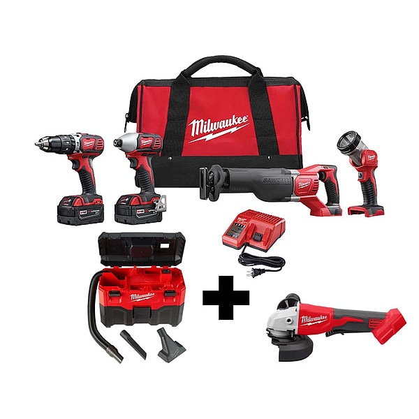Milwaukee Tool M18 4-Tool Kit, M18 Vac, M18 Grinder - 2696-24, 0880-20, 2686-20