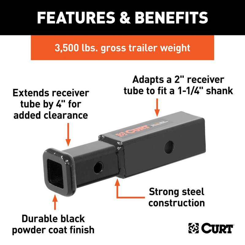 CURT Receiver Tube Adapter, Universal Towing Draw Bar (2 in. to 1-1/4 in. Shank, 3,500 lbs. GTW, 4 in. Length) - 45770