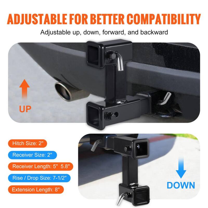 VEVOR Dual Hitch Extension, for 2 in. Trailer Hitch Receiver, Hitch Adapter Extender to 10 in.Max Adjustable Length - TCYZSJGSK221Y49P0V0-730