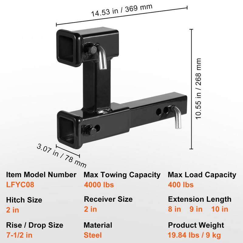 VEVOR Dual Hitch Extension, for 2 in. Trailer Hitch Receiver, Hitch Adapter Extender to 10 in.Max Adjustable Length - TCYZSJGSK221Y49P0V0-730