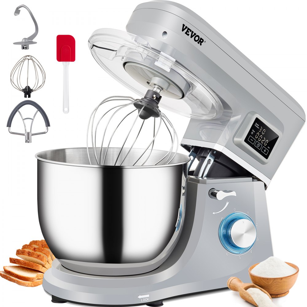VEVOR Stand Mixer, 660W Electric Dough Mixer with 6 Speeds LCD Screen Timing, Tilt-Head Food Mixer with 7.4 Qt Stainless Steel Bowl, Dough Hook, Flat Beater, Whisk, Scraper, Splash-Proof Cover - Gray - ZRLLSJBJHHDFJRBTRV1