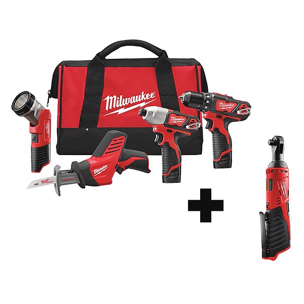 Milwaukee Tool Cordless Combination Kit, 12V, (4) Tools, Includes Battery (1.5 Ah) - 2498-24, 2457-20