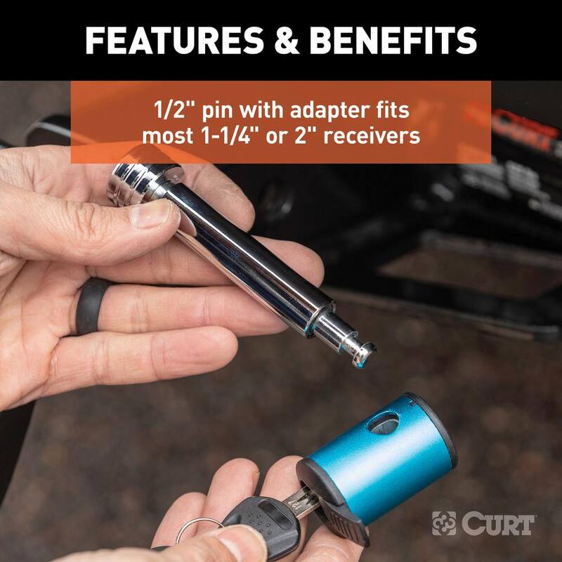CURT 1/2 in. Hitch Lock with 5/8 in. Adapter (1-1/4 in. or 2 in. Receiver, Right-Angle, Chrome) - 23506