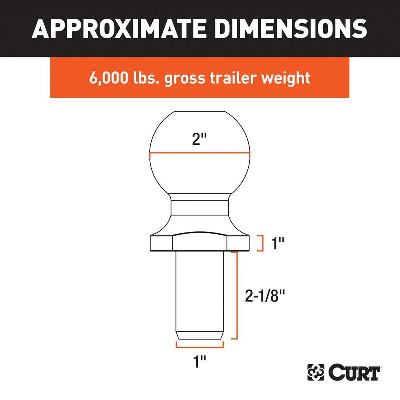 CURT 2" Trailer Hitch Tow Ball (1" x 2-1/8" Shank, 1" Rise, 6,000 lbs., Chrome) - 40033