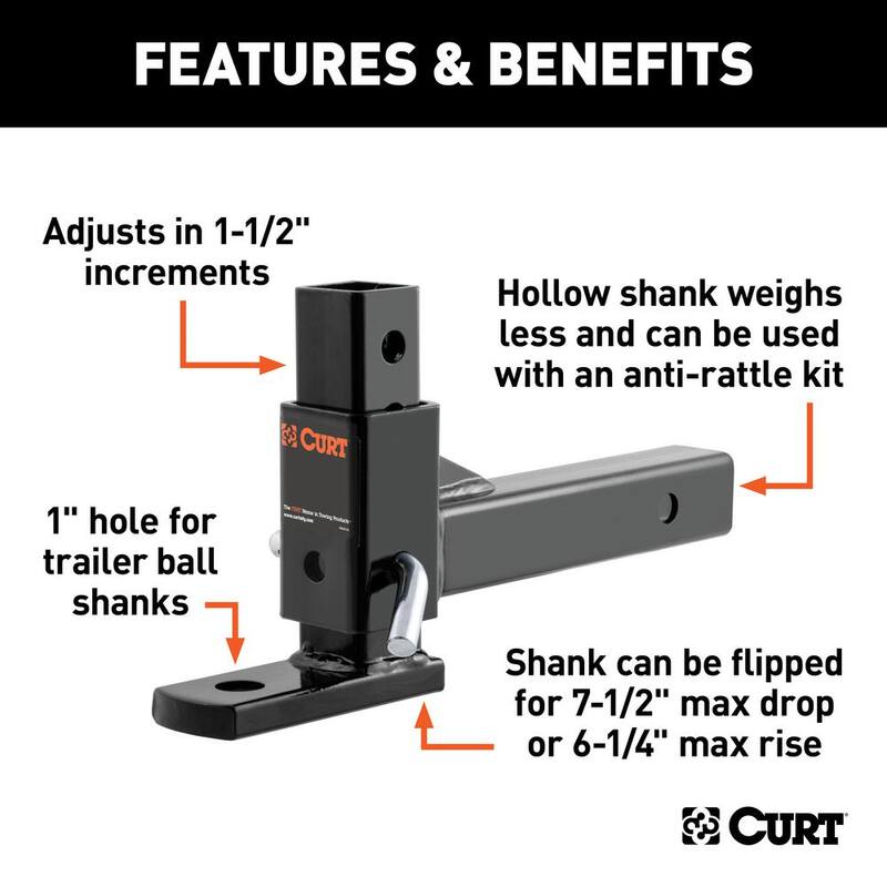 CURT 5,000 lbs. 7-1/2 in. Drop Adjustable Trailer Hitch Ball Mount with 1 in. Ball Hole (2 in. Shank) - 45812