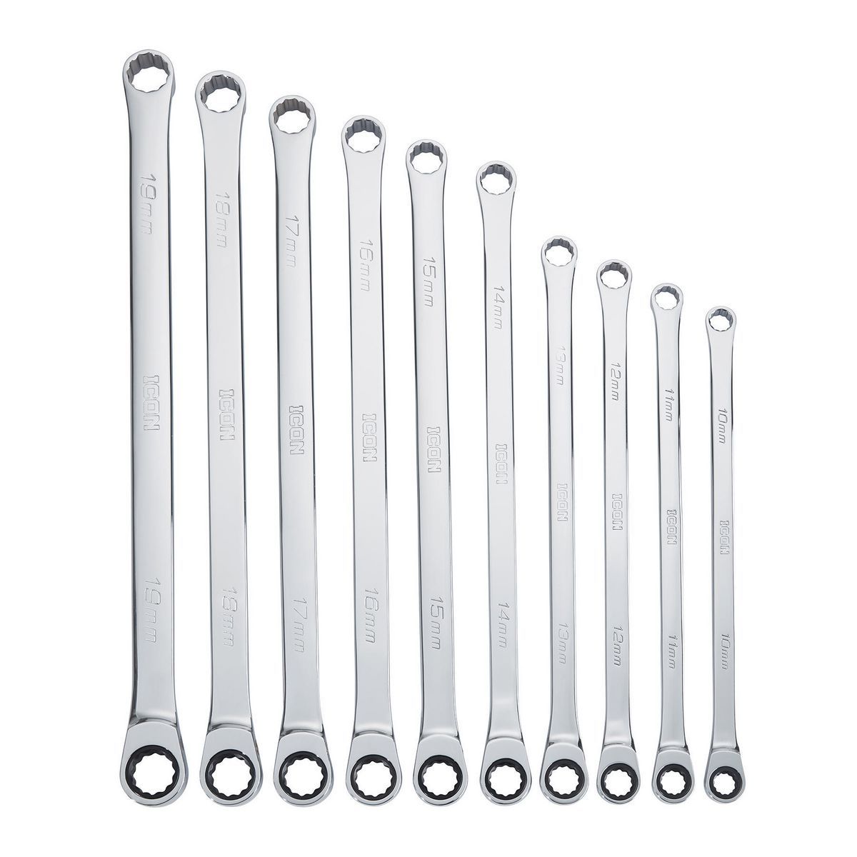 Llave de trinquete métrica de doble caja profesional extra larga Icon, 10 piezas - 56653