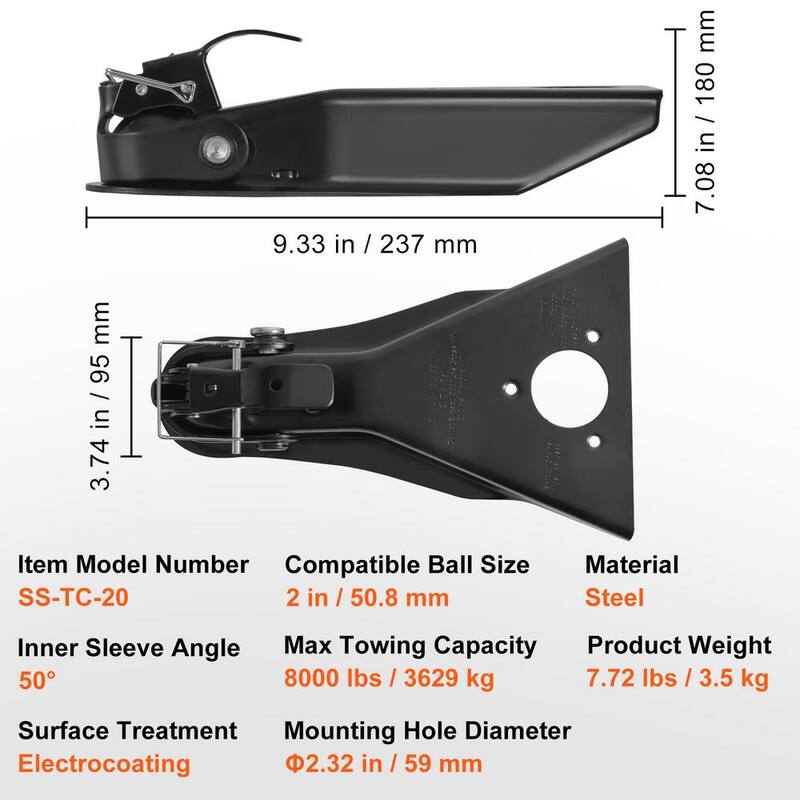 VEVOR A-Frame Trailer Coupler Fits 2 in. Hitch Ball Size 8000 lbs. Capacity Heavy Duty Steel Coupler for Towing Station Wagons - AXTCOHQCY200FDO9IV0-808