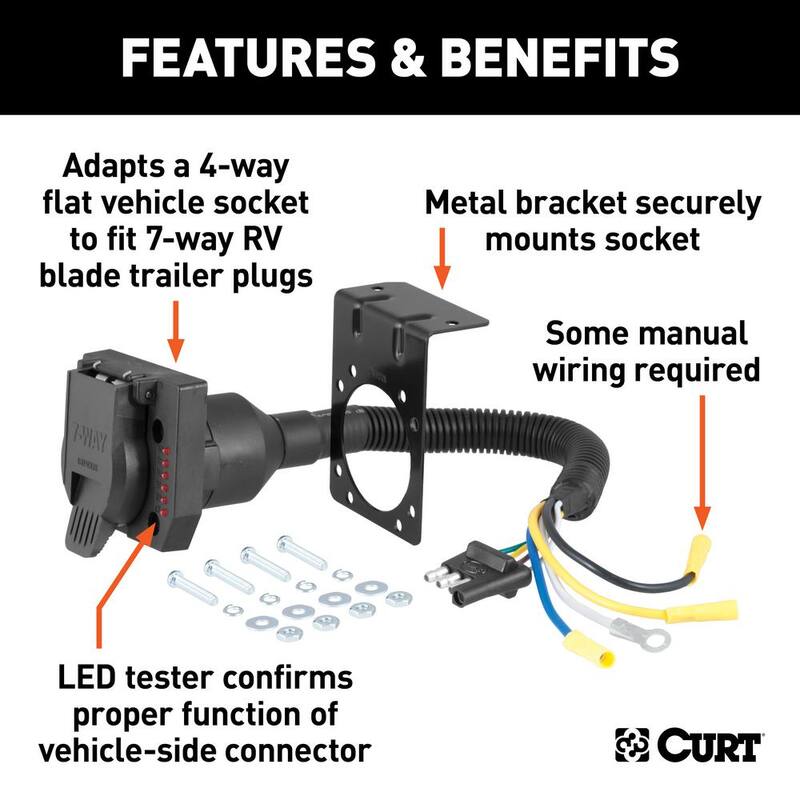 CURT Electrical Adapter with Tester (4-Way Flat Vehicle to 7-Way RV Blade Trailer) - 57676